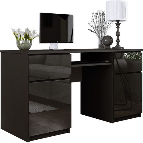 Bureau : 2 Tiroirs, Noir Mat / Noir Brillant, 135 x 77 x 50 cm (1/5)