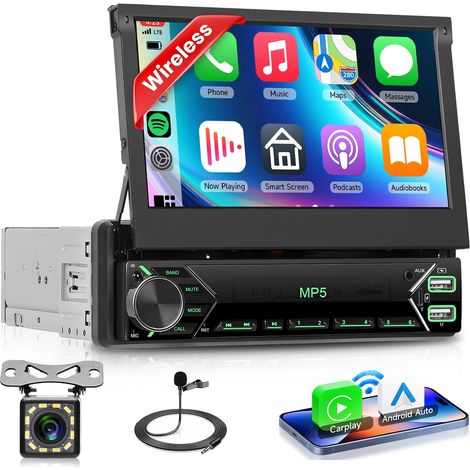 Autoradio Carplay Android Auto sans Fil avec écran rétractable électriquement de 7 Pouces,Radio FM 1 DIN avec Bluetooth, Mirror Link,2 USB/Type-C/SD avec caméra de recul/Commande au Volant (1/5)