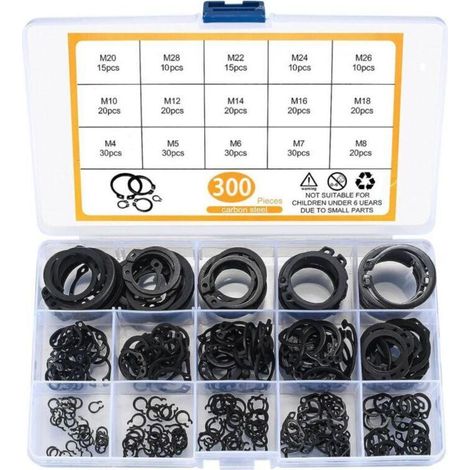 300 Pièces E-clips Kit Anneau de Retenue Externe, Assortiment Circlips Snap, Bagues d'arrêt Circlips, M4-M28 (1/4)