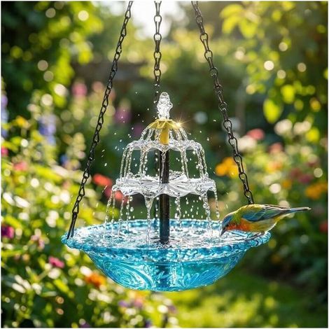Fontaine solaire pour oiseaux, abreuvoir suspendu avec cascade, pompe solaire attire colibris, bleu, pour jardin (1/5)