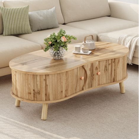 Mesa baja de salón con 2 puertas correderas y almacenamiento, en MDF, natural, 108x50x37 cm (1/5)