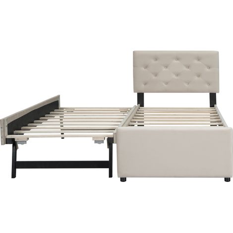 Lit rembourré 90x200 cm, sommier lattes, tiroir roulettes, velours beige (1/5)
