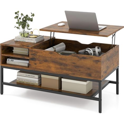 COSTWAY Table Basse Plateau Relevable, Table Salon Relevable avec Rangement Caché, Compartiments Ouverts, Mécanisme de Levage, Cadre en Métal, pour Salon, 99,5 x 49,5 x 47,5 cm (Marron Rustique) (1/5)