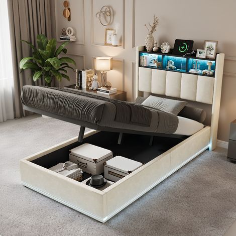 Polsterbett Doppelbett 90x200 cm mit LED-Beleuchtung, Modernes Jugendbett mit hydraulischem Stauraum, Bettgestell mit Kopfteil und Lattenrost, Velour Beige, Ohne Matratze