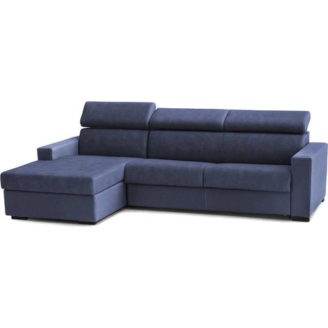 Talamo Italia - Divano fisso con penisola Akela, Sofà ad angolo con chaise longue sinistra in tessuto, Braccioli standard, 100% Made in Italy, Cm 280x95h85, Blu