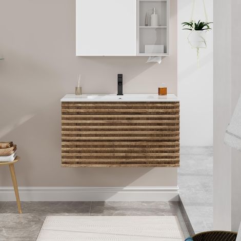 UEV Mobile Bagno, con Lavabo in Ceramica, Lavabo Sospeso 90 cm, 2 Cassetti con Sistema di Chiusura Ammortizzata, Ampio Spazio Contenitivo, 90 x 45 x 46 cm, Naturale