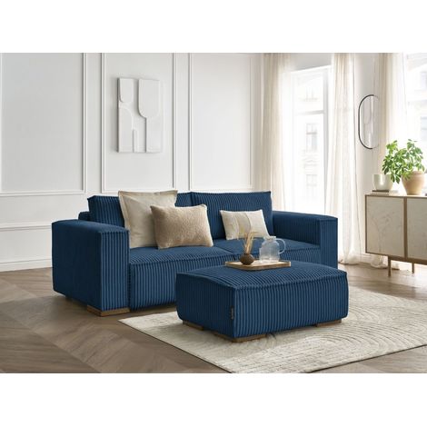 BOBOCHIC - Canapé droit convertible coffre CHELSEA gros côtelé doux avec pouf Bleu foncé (1/5)
