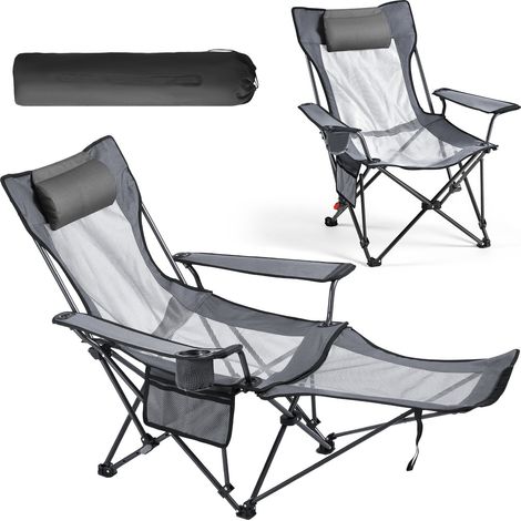 VEVOR Sedia da Campeggio Reclinabile, 4 Posizioni Regolabili, Sdraio Pieghevole Portatile per Adulti, in Rete con Poggiapiedi e Poggiatesta, Supporta 99,8 kg, Sedie da Campeggio per Patio, Grigio (1/5)