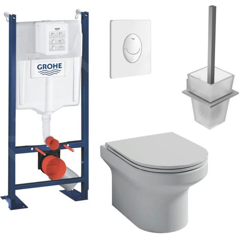 Pack inodoro suspendido Jacob Delafon sin brida Elite, asiento extraplano + estructura soporte Grohe RapidSL + placa blanca + portaescobillas cuadrado