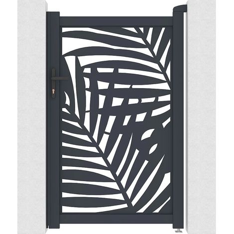 Vente-Unique – Portillon aluminium battant 103 x 166 cm – Motif tropical en découpe laser – Couleur anthracite – Serrure à clé incluse (1/5)