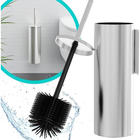 Kit Brosse WC Suspendu - Brosse Silicone & Boitier Métal - INOX 304 Anti-Rouille - sans Perçage - Fixation Murale avec Sticker ou Vis - Balai Brosse Toilettes Décoration - WC3611 (1/5)