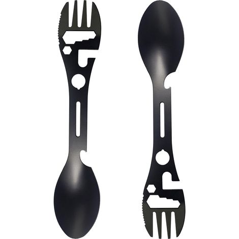 Fourchette de camping multifonctionnelle, fourchette en acier inoxydable, cuillère, couteau, ouvre-bouteille, clé, équipement de plein air pour les pique-niques, les voyages, la randonnée et la pêche (1/5)