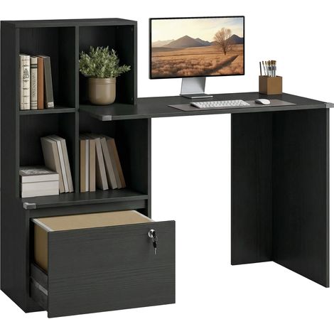 Bureau d'ordinateur avec étagère à 4 compartiments et tiroir verrouillable, 126 x 50 x 109 cm, noir (1/5)