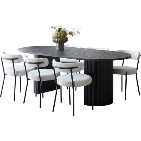 Kyoto ensemble pour salle à manger table à manger 100x210 cm brun foncé et 6 chaises bouclé blanc. (1/5)
