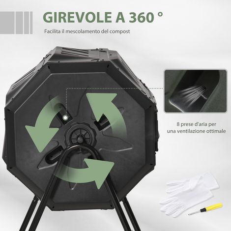 Compostador de jardín giratorio de 2 secciones con 8 orificios de ventilación, compostador doméstico de acero y PP, 160 L, para compostar residuos orgánicos, 71x65x96 cm, negro
