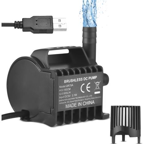 Bomba de agua eléctrica sumergible de 330 l/h, altura de impulsión de 2 m, cable USB de 2 m, base con ventosa (blanca). (1/5)