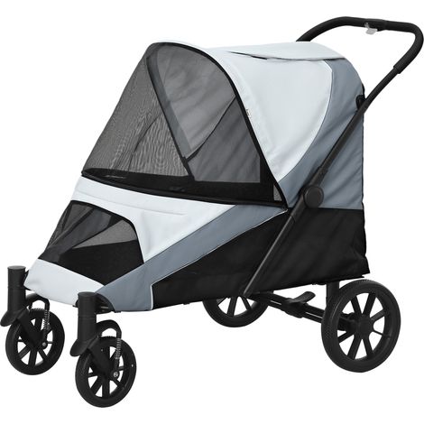 Poussette canidé grand format pliable, hublots mesh, matelas et longe inclus, 124x67x100 cm, teinte grise. (1/5)