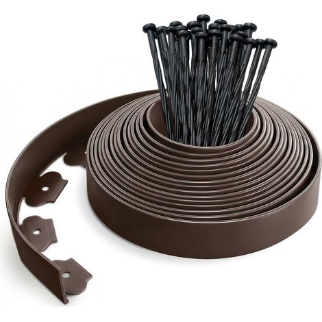 Bande de bordure de jardin en plastique de 10 mètres avec 30 poteaux d'ancrage, 50 mm de hauteur, 4 mm d'épaisseur, marron.