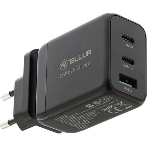 Cargador de pared Tellur GaN de 65 W con 3 puertos, 2 puertos USB-C + USB-A, compatible con UE, Reino Unido y EE. UU., color neg (1/3)