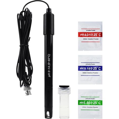 Électrode pH Remplaçable - Câble Long de 300cm - Mesure 0-14 pH - Connecteur BNC + Poudre d'Étalonnage - Compatible pH-mètre et Contrôleur pH - Pour Labos, Hydroponie, Aquariums (1/5)