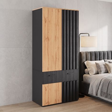 Armoire de Chambre Penderie 90x50x200cm Style Moderne Bois et Noir avec 2 Portes Battantes Aspect Lattes 1 Tringle 2 Tiroirs et Étagères (1/5)