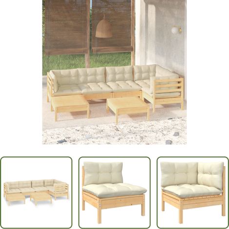 Terrassensofa - 7-tlg. Garten-Lounge-Set mit Creme Kissen Massivholz Kiefer (1/5)
