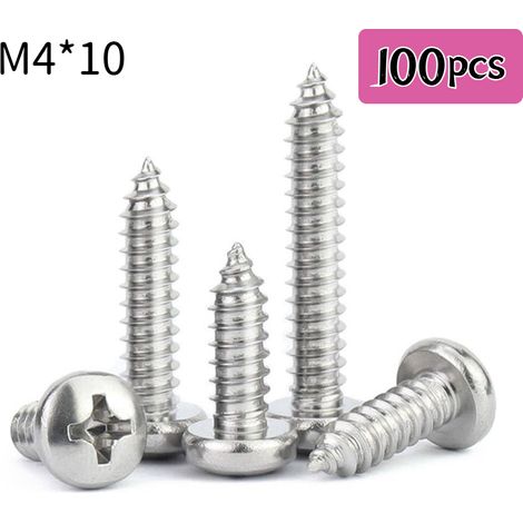 100 vis autotaraudeuses à tête cruciforme en acier inoxydable 304 M4×10 mm, vis à bois (1/3)