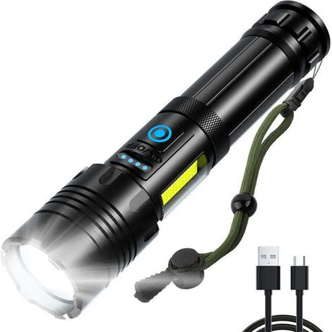 Lampe torche LED ultra-puissante - 500 000 lumens, rechargeable, étanche, avec 7 modes d'éclairage et ampoule COB,