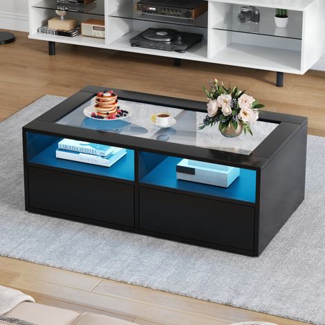 Tavolino da caffè 100x50x35 cm nero in vetro e pannelli truciolari con LED, 2 cassetti e 2 ripiani (1/5)