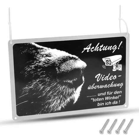 Warning to the Dog and Video Surveillance Sign – Aluminium Sign 30 x 20 cm with Pre-Drilled Holes with UV Protection Outdoor Signage for Home Gate Garage Fence Black
