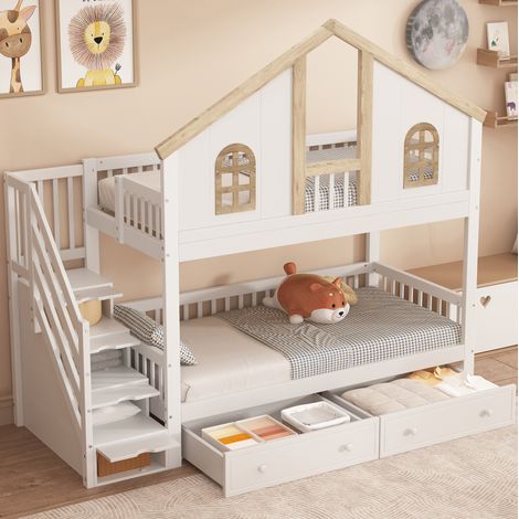 Litera infantil 90x200 cm blanca y natural en madera maciza y MDF con escalera de almacenaje (1/5)