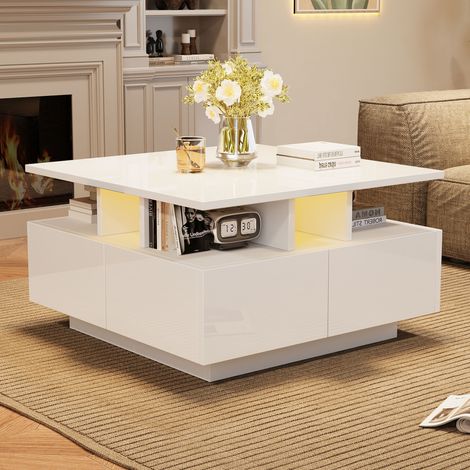 Tisch Couchtisch aus Spanplatte in Weiß Hochglanz 70 x 70 cm mit LED, 4 Schubladen und 3 Ebenen