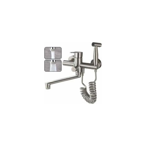 Crezuo Wand-Küchenarmatur, Drahtzug aus lebensmittelechtem Edelstahl 304, mit Ausziehbrause und 2 Wasserstrahlarten, 360° schwenkbarer Wand-Mischbatterie (gebürstetes Nickel) (1/4)