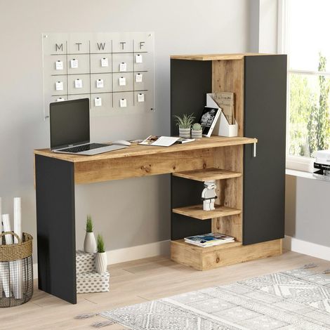 Bureau ado noir décor bois avec rangement et étagères MARFA