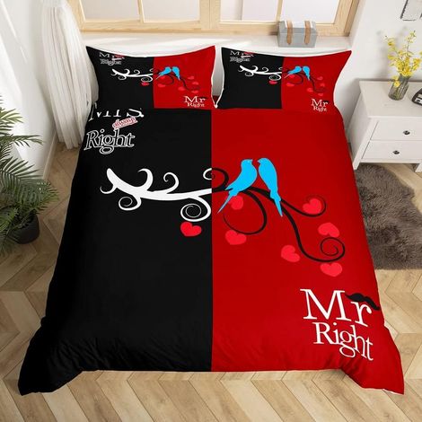Mr Mrs Parure de Lit 140x200cm Noir Rouge Creative Funny Quotes Parure Housse de Couette Couple Hommes Femmes Bonheur Love Birds Housse de Couette Romantique Mariage Thème Chambre Décor - 140 x 200 cm (1/5)