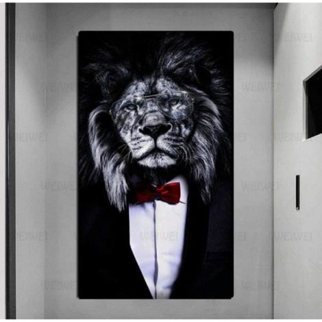 Drôle Animal Noir Blanc Lion En Costume Toile tableau Affiches Et Abstrait Animal Toile tableau Peintures Murale 40×80cm Sans Cadre (1/4)