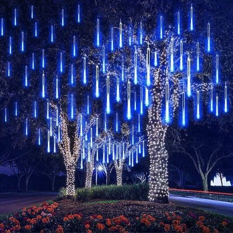 Météore Pluie Guirlandes Lumineuse, 8 Tubes 30CM 192 LED Eclairage Météore Douche Lumière Etanche LED Pour Mariage Maison Arbre Jardin de Noël Parti (Bleu) (1/5)