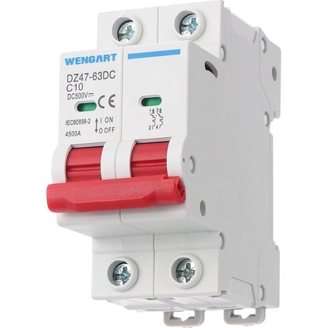 Disjoncteur CC 500V 10A - Protection Magnétothermique 2 Pôles - Spécial Solaire Photovoltaïque, Batterie et Camping-Car - Montage Rail DIN - Polarisé (+/-) - DZ47-63Z (1/5)