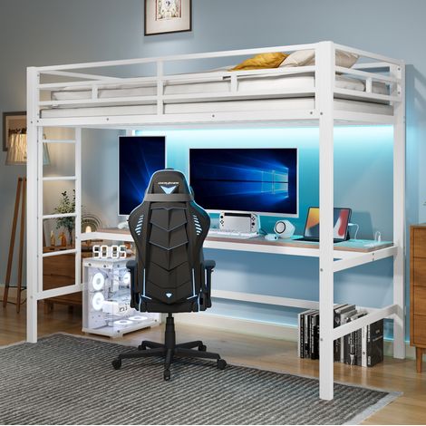 Hochbett, 90200 cm, Geländer, Trittleiter, Tisch mit USB und Steckdose, Wire Control Light Strip, App-fähiges, Mit LED-Leuchten, en747-konform, ohne Matratze, Metall, Weiß (1/5)
