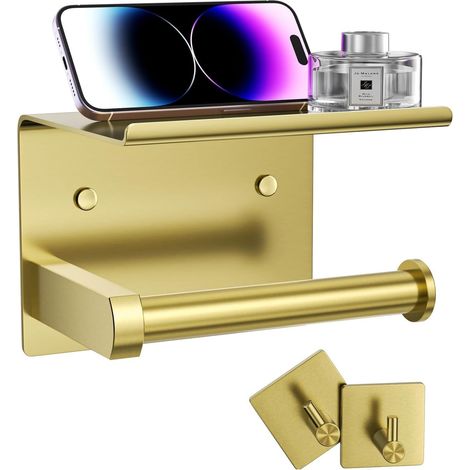 Porta carta igienica a parete con ripiano e ganci per asciugamani e accappatoi, porta rotolo in acciaio inox per montaggio a parete con adesivo o viti (oro spazzolato)