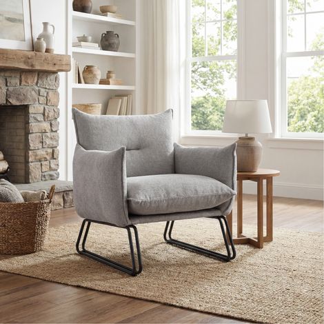 Wahson Fauteuil Salon Scandinave Pieds Robuste, Fauteuil d'Appoint en Chenille Confortable avec Coussin Rembourré Chaise de Chambre pour Lecture, Gris