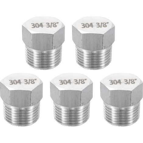 5-piece hose fitting set made of 304 stainless steel, 3/8" PT male thread hexagon head cap, hexagon fittings for air, water, oil and gas lines (1/5)