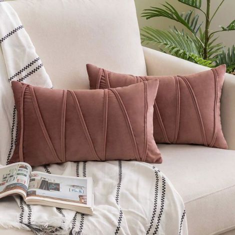 Lot de 2 Housse de Coussin, 30x50cm Decoratifs pour Canapes, en Velours Moelleux, avec Rayures Décoratives,Confiture (1/4)