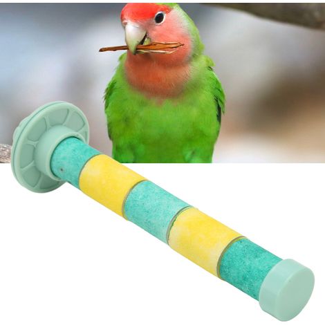Perchoir à sable en quartz pour perroquet, support pour cage à oiseaux, idéal pour les perruches ondulées, les calopsittes et autres oiseaux de compagnie (vert et jaune). (1/5)