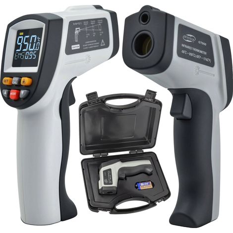 Thermomètre sans contact, -50 à +950 °C, émissivité réglable, affichage coloré, arrêt automatique, design ergonomique (1/5)