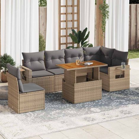 Set sofás de jardín 7 piezas y cojines ratán sintético beige