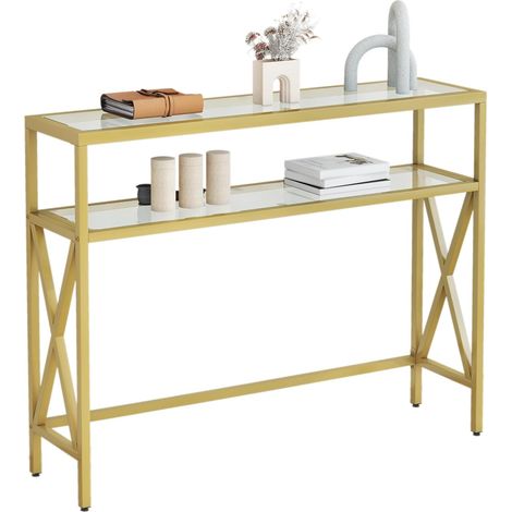 Table Console, Verre trempé Console Meuble, Petite Table de Présentation, Table d’Entrée, Bout de Canapé, Table d'Appoint, pour Couloir, Entrée, Salon, Foyer, 101× 25× 80.5CM Couleur Or HGD007G (1/5)