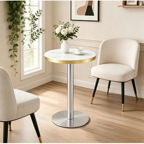 Table d'appoint ronde avec plateau effet marbre et bord doré, piètement métal noir et or, diamètre 60 cm (1/5)