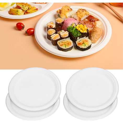 Assiette en papier, assiette plate de 25 cm en pulpe de canne à sucre blanche (jetable) (1/5)