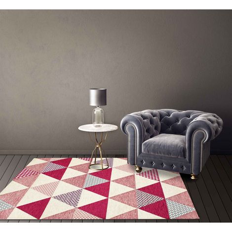 Tappeto Arredo Moderno Morbido in Ciniglia Ingresso Antiscivolo Prodotto Italiano  Soggiorno Camera Salotto Disegni Piazzati Cotone Varie Misure Grande Triangoli Fucsia - 65x115Cm (1/5)